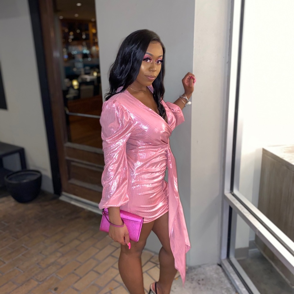 Pink Metallic Sleeve Drape Dress